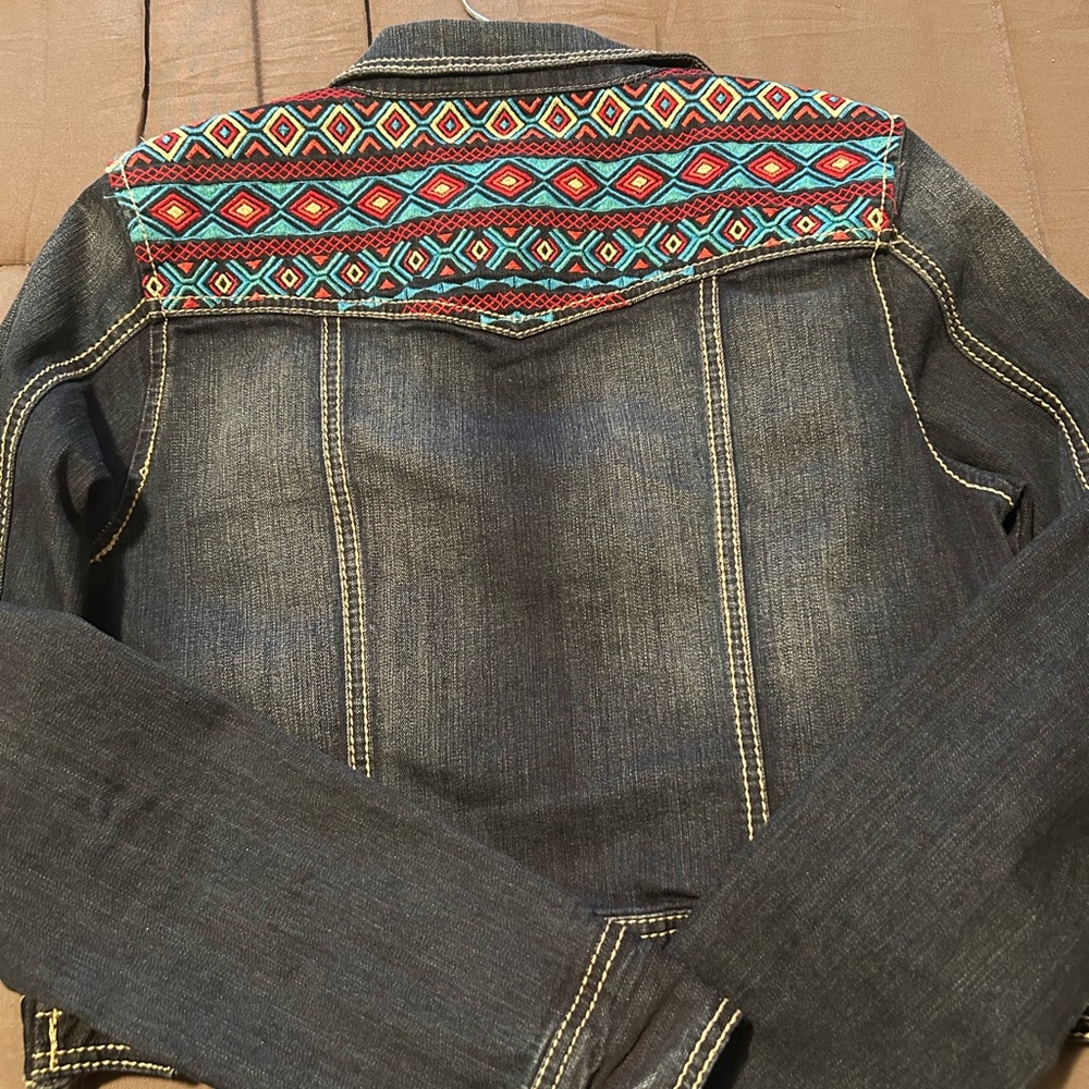 Denim Jacket with Colorful Patterned Back